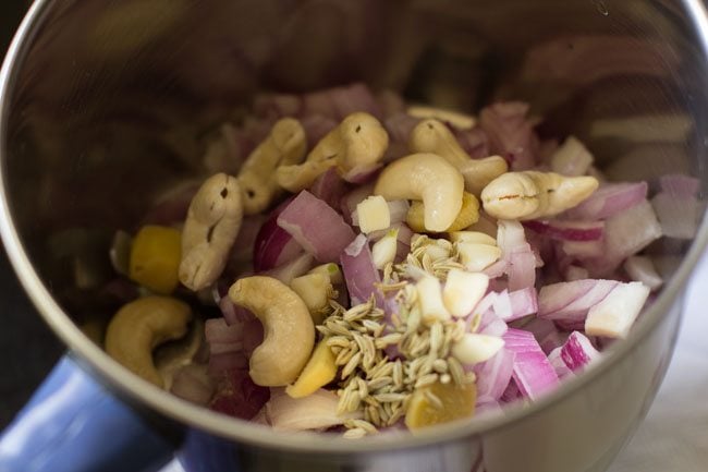 roughly chopped onions, soaked cashews, chopped ginger, chopped garlic and fennel seeds added to grinder jar for making paste. 