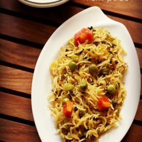 methi pulao served on a white plate.