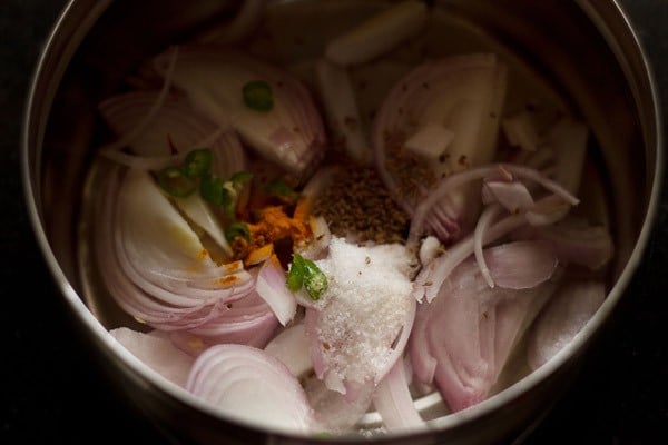 spice powers, asafoetida and salt added to bowl. 