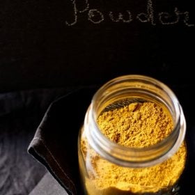 sambar powder in a glass jar.