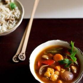 sweet and sour vegetables in a ceramic bowl.