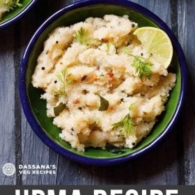 upma garnished with cilantro and a lemon wedge served in a dark green blue rimmed plate on a dark blue wooden board