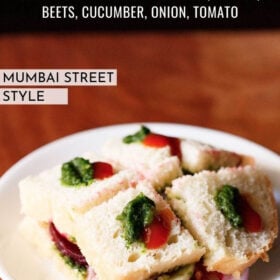 bombay sandwich dotted with green sauce and ketchup on a white plate with text layovers.